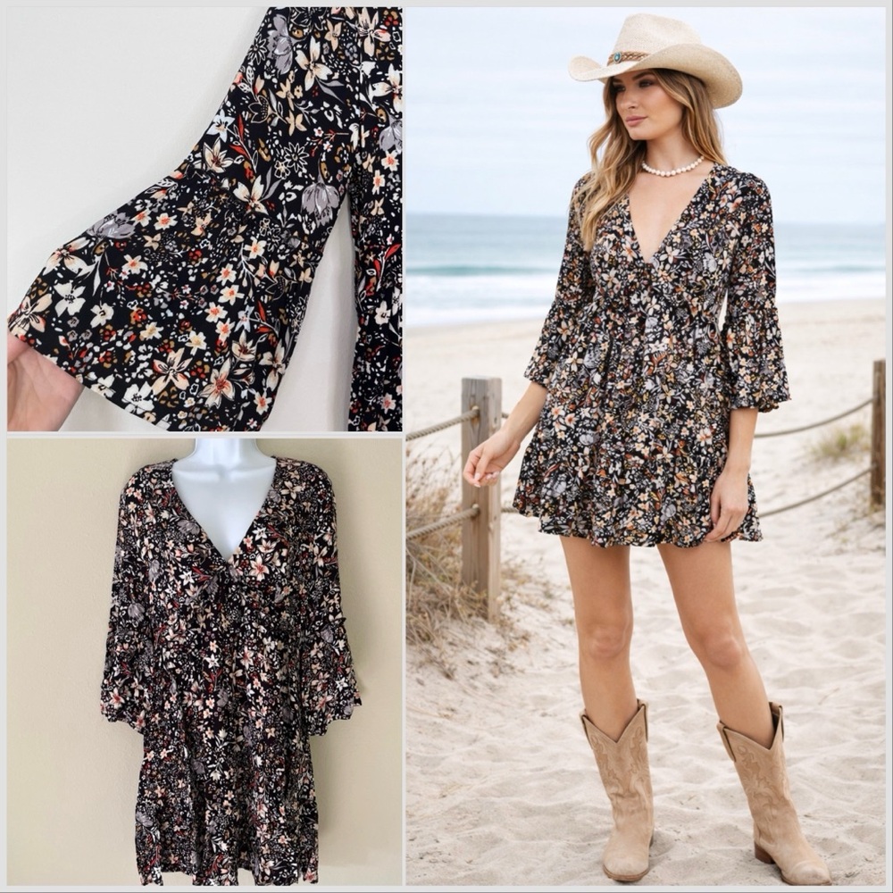 Saltwater Luxe Babydoll Dress Sz M Festival Coastal Cowgirl Dark Floral Boho NWT